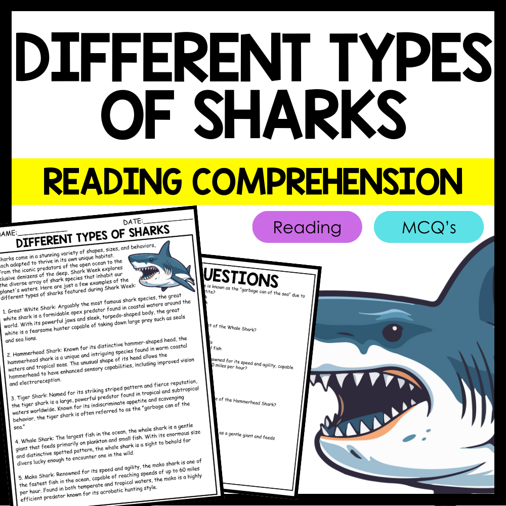 Different Types of Sharks Reading comprehension Ideas